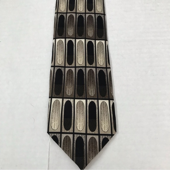 EXTRA LONG Bergamo New York Silk Tie Handmade Brown Tan Oval Print - Picture 8 of 11